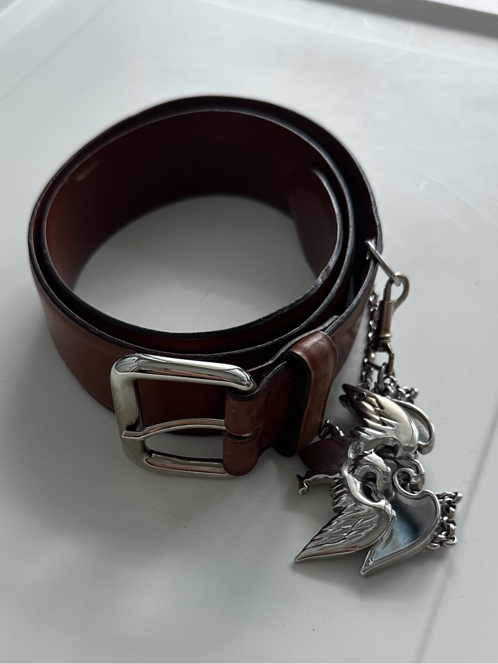 Unisex Emporio Armani Brown Leather Belt with Silver Charms